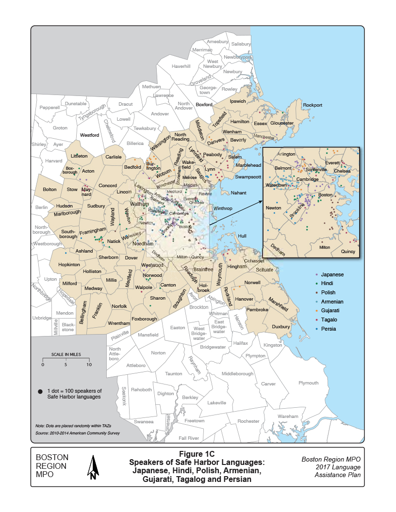 Figure 1C. Speakers of Safe Harbor Languages: Japanese, Hindi, Polish, Armenian, Gujarati, Tagalog, and Persian
This map shows the distribution of speakers of Japanese, Hindi, Polish, Armenian, Gujarati, Tagalog, and Persian in the Boston Region MPO area. 
